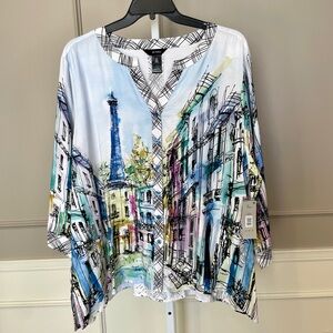 Ali Miles NWT 3X Paris French City Print Blouse Top Shirt Button Down Tunic